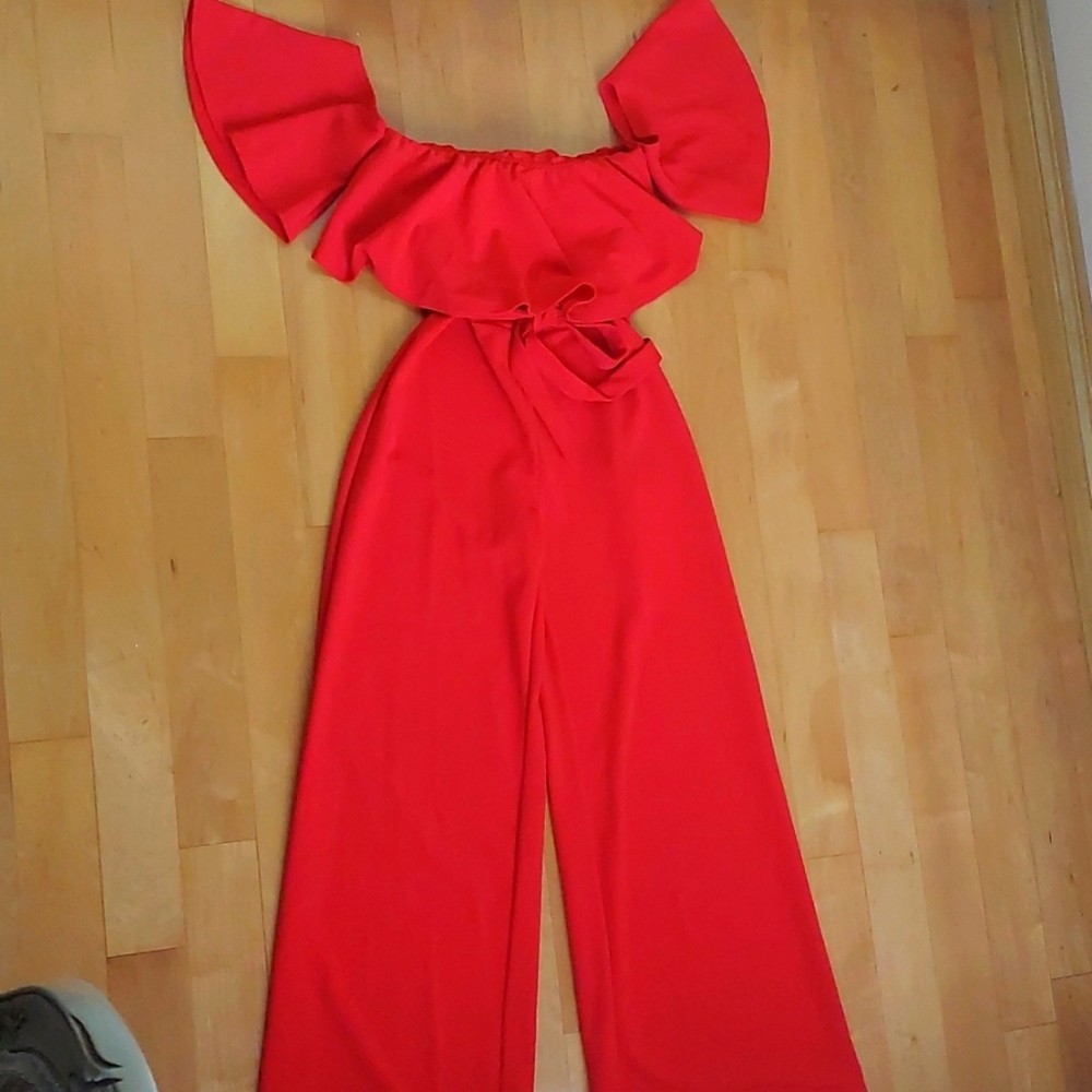 Red ruffled strapless jumpsuit